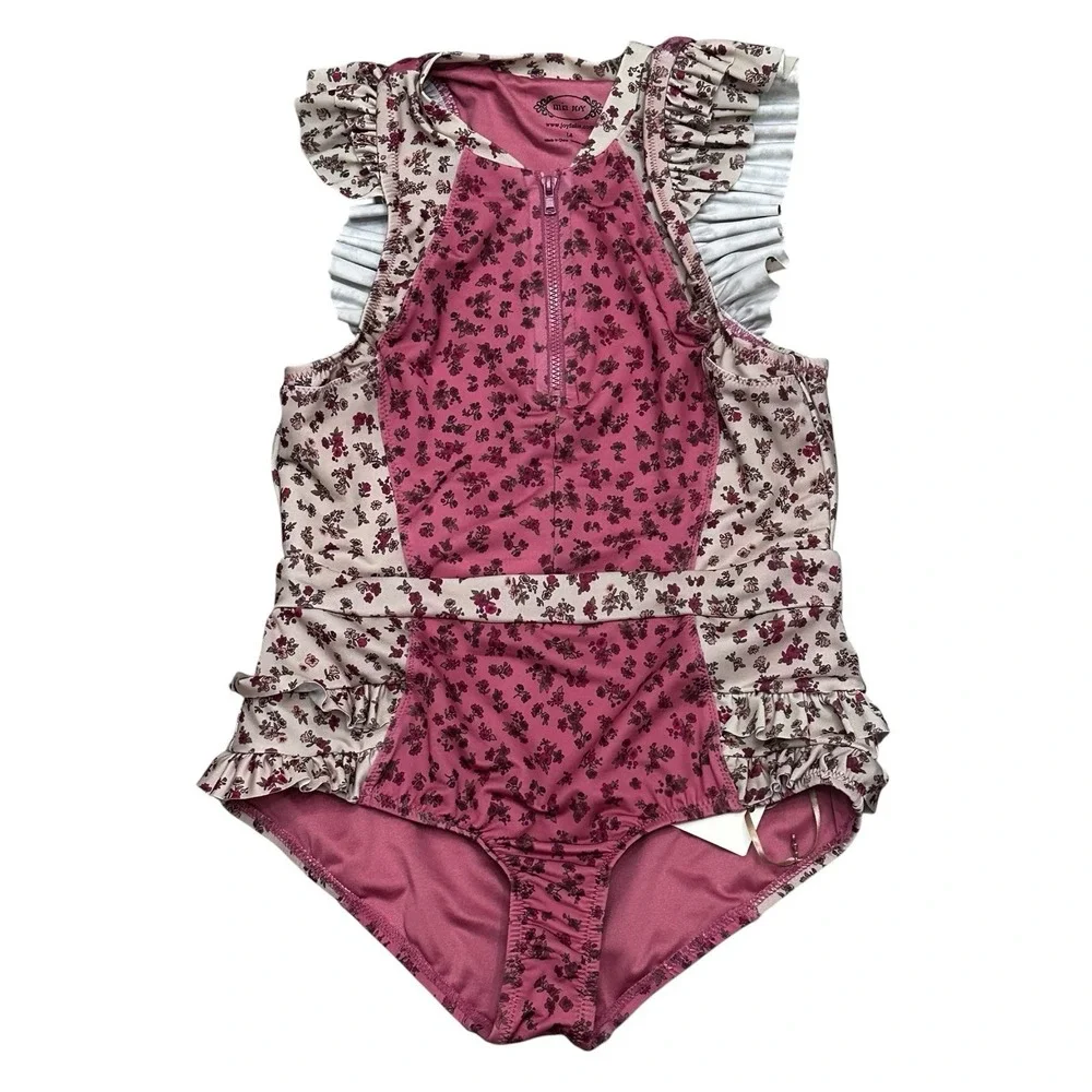 Mia Joy‎ Joyfolie Swim Rashguard Swimsuit Girls Pink Ruffle Size 14 Floral